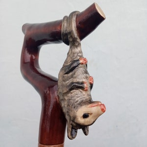 Opossum on a branch Beautiful carved walking stick custom.handmade walking cane. Hand carved opossum handle.Wooden staff.Gift for men