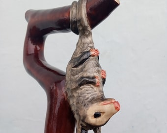 Opossum on a branch Beautiful carved walking stick custom.handmade walking cane. Hand carved opossum handle.Wooden staff.Gift for men
