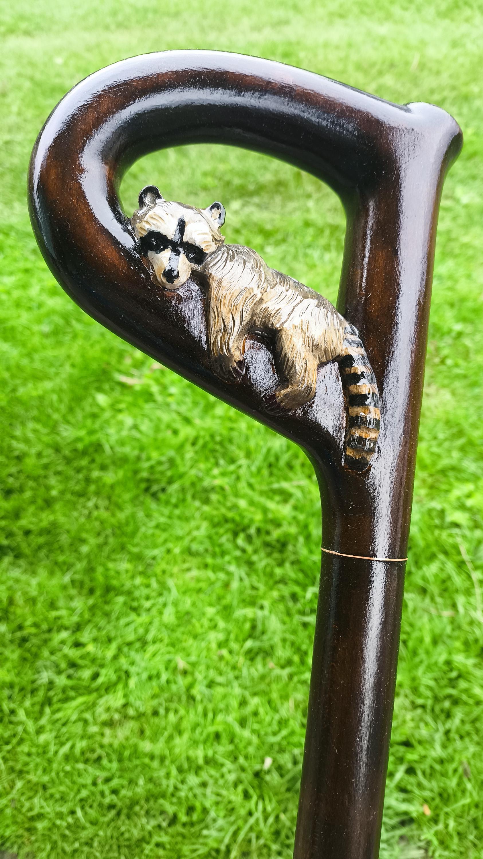 Raccoon Walking cane. Animal wood walking stick. Carved cane handle.