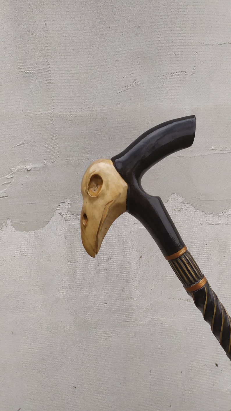 Heavy Raven Skull Handle Wooden Walking Cane – 2-Fold Metal Handle, Antique Style