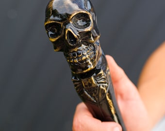 Walking Cane Skull Wood Carved Handle