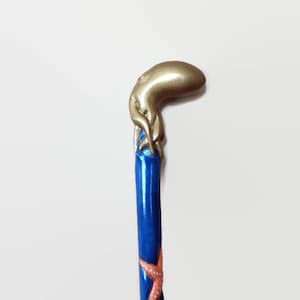 Wooden Cane with Octopus Handle and Starfish Design - Handmade Walking Stick, Unique Cane, Gift for Sea Life Enthusiasts