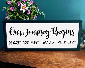 9 x 24 Our Journey Begins Sign with Coordinates | Wedding Gift / New Home / Housewarming Gift | Latitude Longitude Sign | GPS Sign | gift