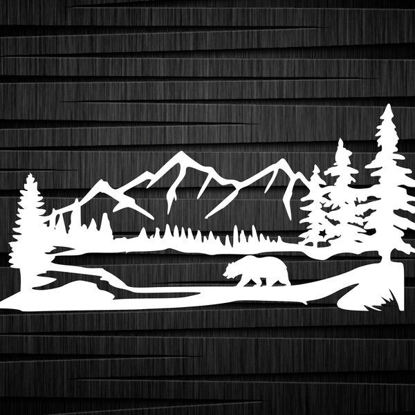 Mountains with Bear Vinyl Decal Car Truck window, Trailer, Bumper, Cornhole, Laptop, Yeti/cooler sticker, Gifts for Him, Gifts for Her