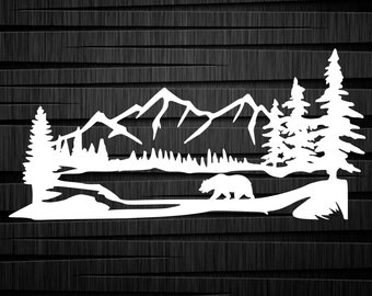 Mountains with Bear Vinyl Decal Car Truck window, Trailer, Bumper, Cornhole, Laptop, Yeti/cooler sticker, Gifts for Him, Gifts for Her