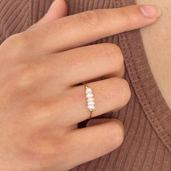 Natural Freshwater Baroque Style Pearl Stack Gold Dainty Ring // Titanium Steel + Tarnish Resistant + Waterproof
