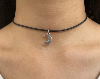 Solid Crescent Moon Charm Choker Necklace