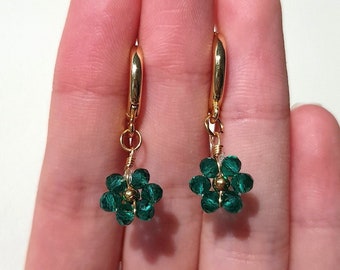Dainty Emerald Green Crystal Beaded Flower Dangly Hoop Huggie Sleeper Earrings | 18K Gold Plated