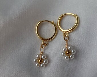 Dainty Pearl White Beaded Flower Dangly Hoop Huggie Sleeper Earrings | 18K Gold Plated