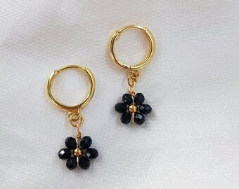 Dainty Black Crystal Beaded Flower Dangly Hoop Huggie Sleeper Earrings | 18K Gold Plated