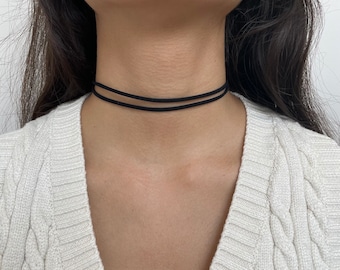Vegan Suede Rope Wrap Tie Cord Choker Necklace Faux Suede Black & Silver 
