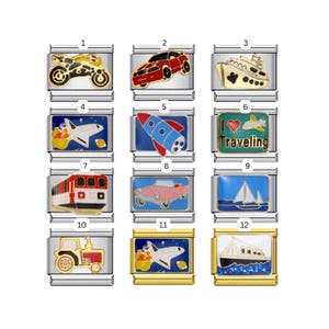 May include: A collection of twelve gold-toned charm bracelets with various travel-themed designs. The charms include a motorcycle, car, ship, airplane, rocket, and tractor. Each charm is detailed with colorful enamel.