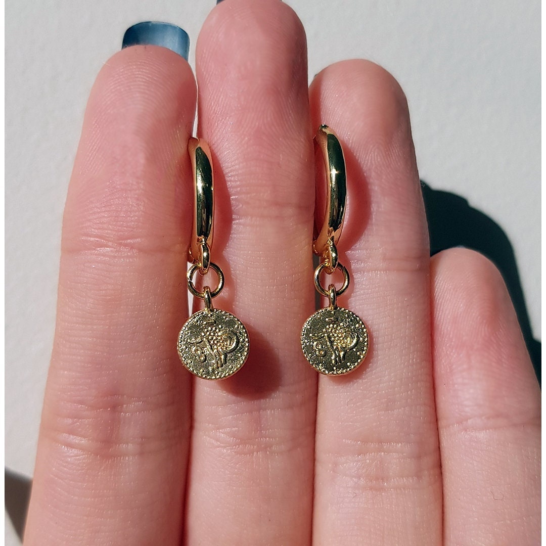 Mini Coin Dainty Dangly Hoop Huggie Sleeper Earrings | 18K Gold Plated