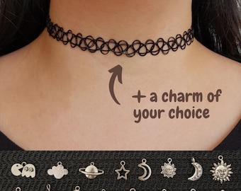16 Colours Classic 90s Tattoo Choker Necklace, Personalised with Charm