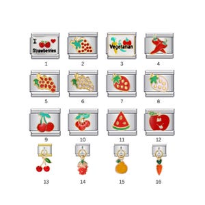 Puede incluir: Una colección de dijes plateados con diseños coloridos de frutas y verduras. Incluye fresas, cerezas, uvas, una rodaja de sandía y una manzana roja. Algunos dijes tienen la palabra "Vegetarian".