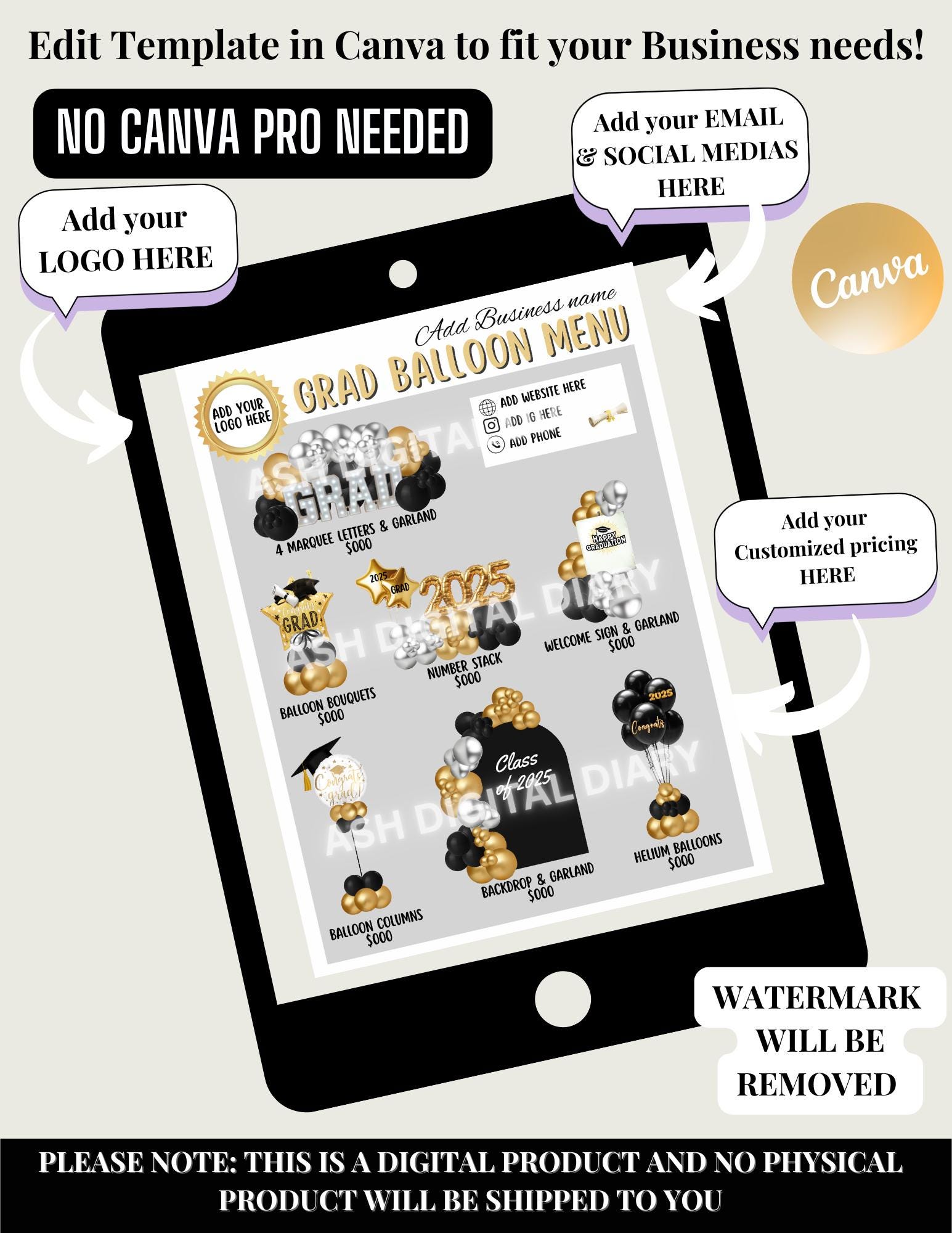 Grad Balloon Menu Graduation Balloon Menu Template: Editable Pricing (canva, Digital ...