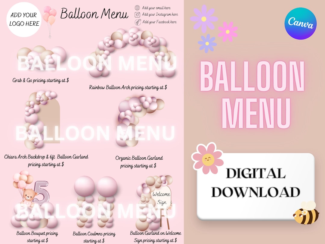 Balloon Menu Template: Pink & Tan Pricing, Editable Canva Design ...