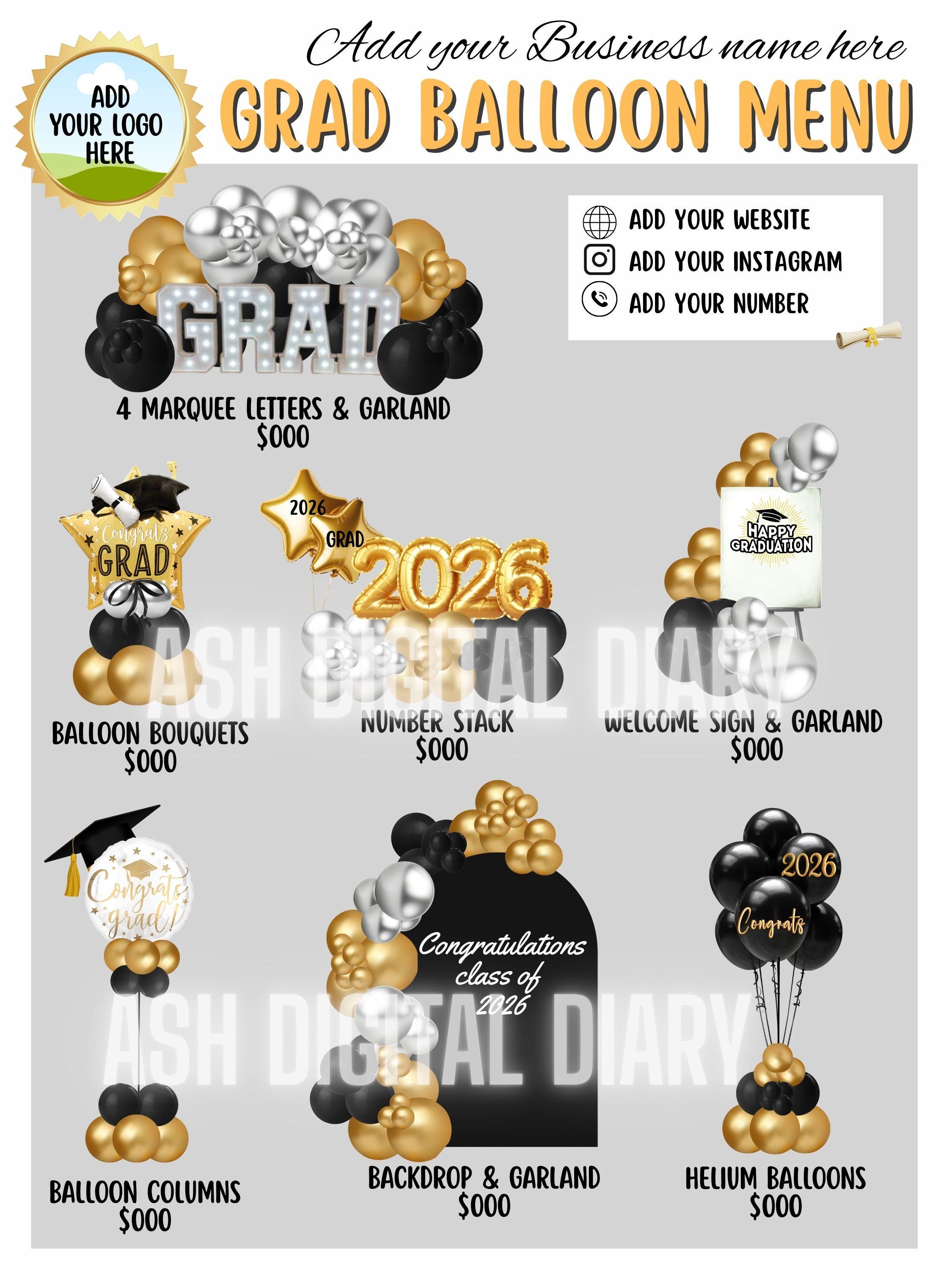 Grad Balloon Menu Graduation Balloon Menu Template: Editable Pricing (canva, Digital ...