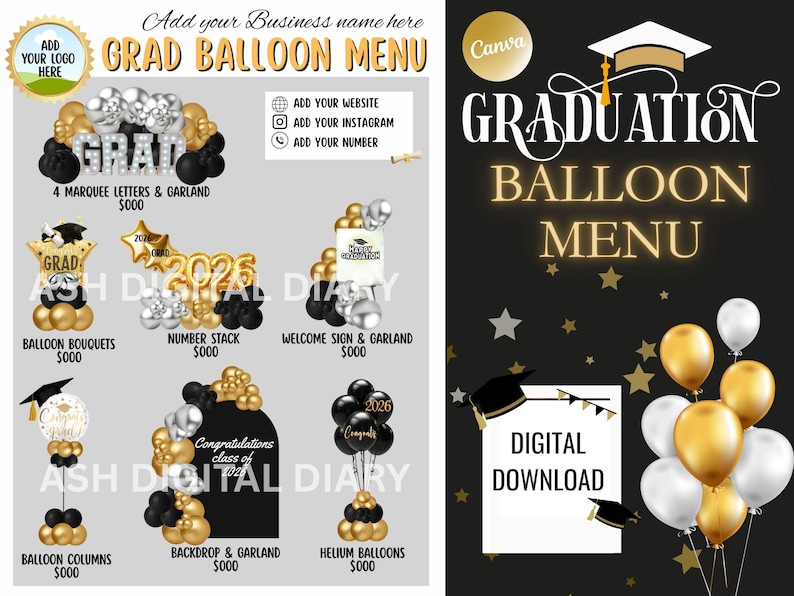 Graduation Balloon Menu Template: Editable Pricing (canva, Digital ...
