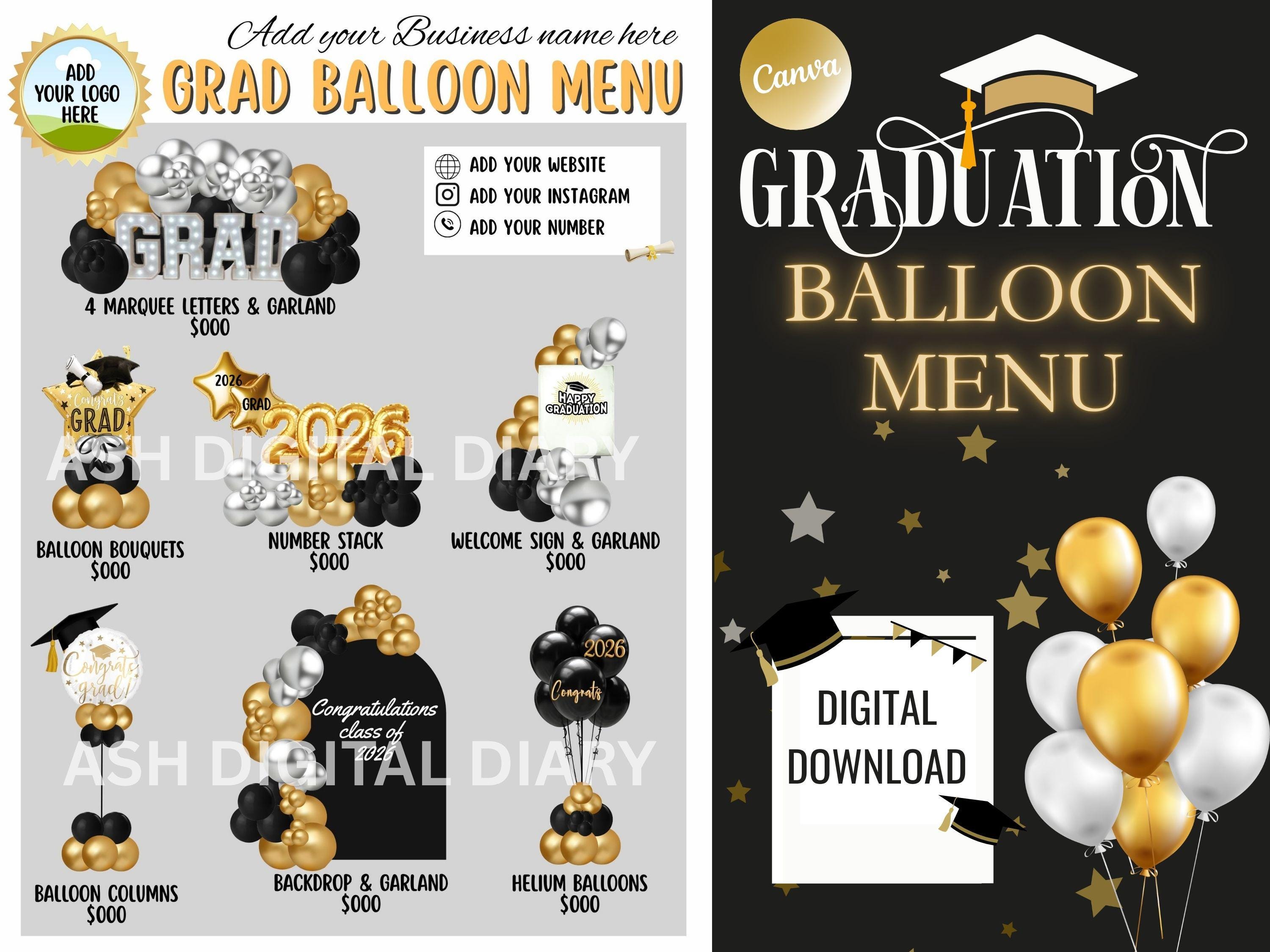 Grad Balloon Menu Graduation Balloon Menu Template: Editable Pricing (canva, Digital ...