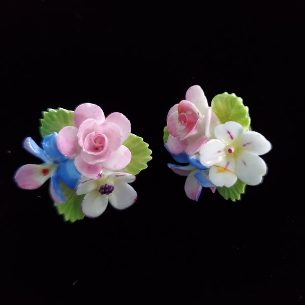 Vintage from the 1960's  Staffordshire Cara China Beautiful Porcelain flower posy clip on Earrings. Made in England.  Rare find indeed.