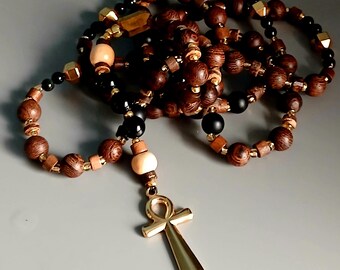 Long Handmade Ankh Rosary in Sandalwood for him   Prayer-Meditation-Contemplation