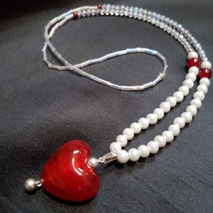 Handmade, Necklace, Valentine&#39;s Gift. Red Glass Heart, White Pearls and Iridescent Glass. Strikingly beautiful. Unique Knockmany Design.