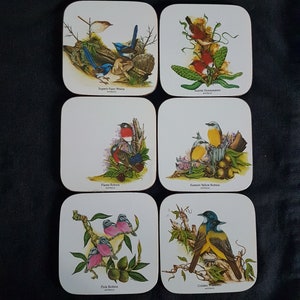 Puede incluir: Seis posavasos cuadrados con ilustraciones coloridas de pájaros australianos. Cada posavasos tiene una especie de pájaro diferente, incluyendo el Superb Fairy Wren, el Scarlet Honeyeater, el Flame Robin, el Eastern Yellow Robin, el Pink Robin y el Golden Whistler. Los posavasos están hechos de corcho y tienen un fondo blanco.