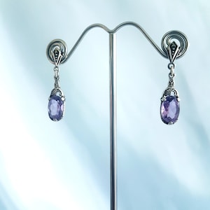 Art Deco style Marcasite Amethyst Drop Earrings in Sterling Silver. Birthstone February - Zodiac Sign Aquarius - 33rd Wedding Anniversary!