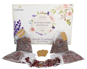 CULTIVEA® 12 sachets of dried flowers and lavender petals - Rose and lavender - Decoration, Valentine's Day, wedding, baptism, pot pourri