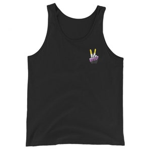 May include: Black tank top with a purple, yellow, and white peace sign graphic.