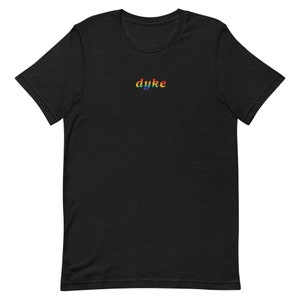 May include: Black t-shirt with the word "dyke" in rainbow colours.