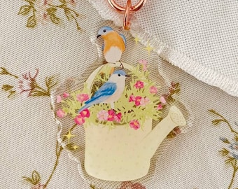 Birds Cottagecore Keychain | illustrated one side epoxy birds flower watering can keychain