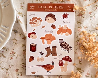 Fall is Here Sticker Sheet | set of 16 stickers | seasonal vintage stickers, cozy illustration, fall sticker sheet