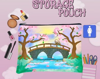 Multi-Use Storage Pouch | Sakura Bridge Storage Pouch | Makeup Pouch | Pencil Case Pouch | Feminie Hygiene Storage Pouch | Zipper Pouch