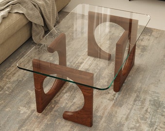 Origin Couchtisch, Couchtische für Wohnzimmer, rechteckiger Couchtisch mit gehärtetem Glas und Holzfuß (Kastanie)