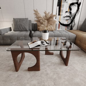 Origin Couchtisch, Couchtische für Wohnzimmer, rechteckiger Couchtisch mit gehärtetem Glas und Holzfuß Kastanie Bild 9