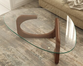 Vie Coffee Table, Triangle Tempered Glass Coffee Table with Chestnut Wooden Legs for Living Room