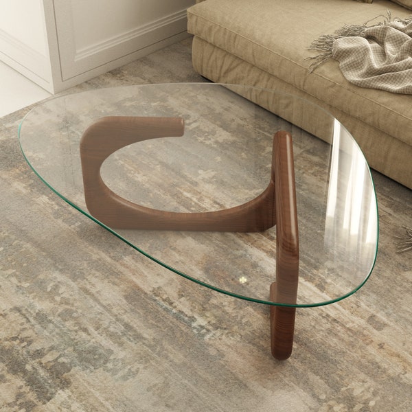 Vie Coffee Table, Triangle Tempered Glass Coffee Table with Chestnut Wooden Legs for Living Room