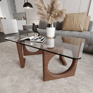 Origin Couchtisch, Couchtische für Wohnzimmer, rechteckiger Couchtisch mit gehärtetem Glas und Holzfuß Kastanie Bild 2