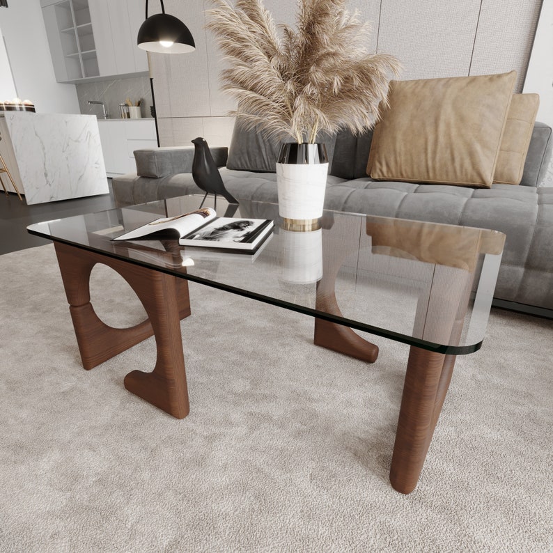 Origin Couchtisch, Couchtische für Wohnzimmer, rechteckiger Couchtisch mit gehärtetem Glas und Holzfuß Kastanie Bild 6