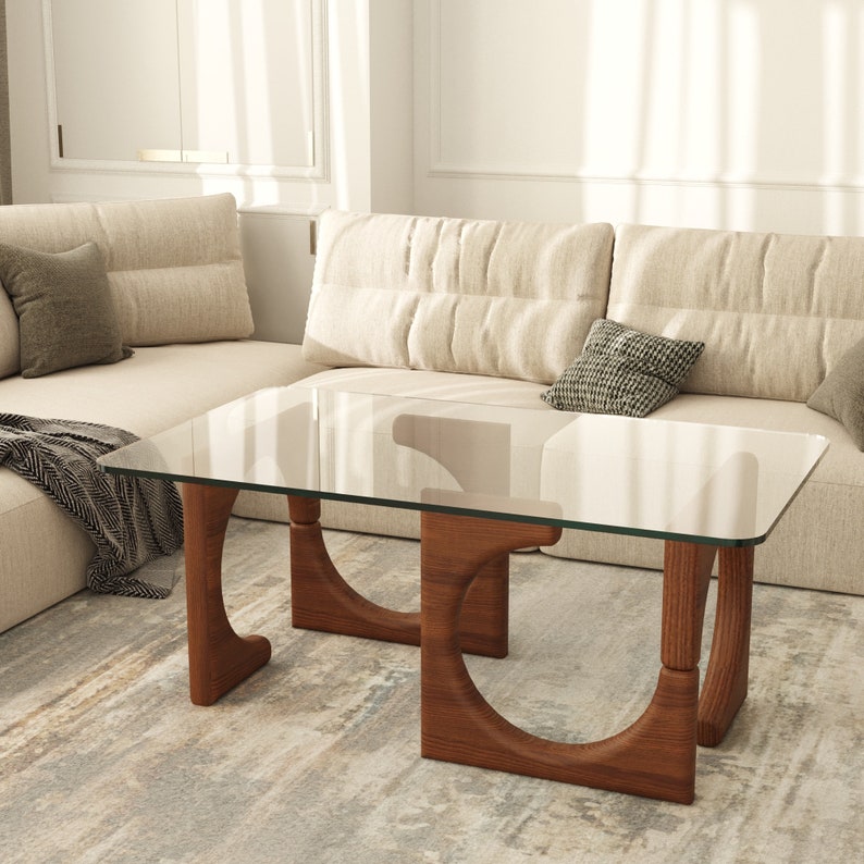 Origin Couchtisch, Couchtische für Wohnzimmer, rechteckiger Couchtisch mit gehärtetem Glas und Holzfuß Kastanie Bild 8