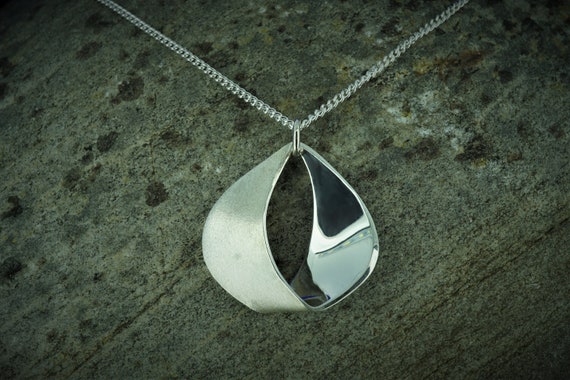 Contemporary teardrop pendant in 925 Sterling Silver teardrop contrasting polished matt textures