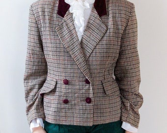 Vintage Wool Check Blazer | Teacher's Suit Jacket | 80s Long Sleeve Cardigan
