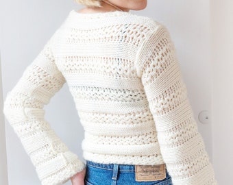Vintage Crochet White Sweater | Ladies Short Mesh Jumper | XS/S Size Women's Pullover
