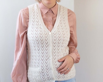 vintage au crochet avec poches | Pull en maille sans manches (Blanc) | Gilet en laine style grand-mère