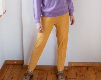 Vintage Corduroy Pants, 80s Stirrup Yellow Womens Pants, Womens Summer Cigarette Pants