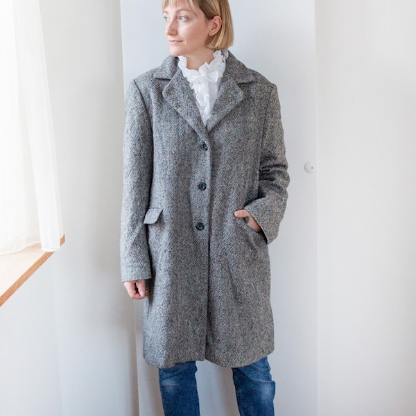 Classic 80s Wool Coat | Long Gray Women's Jacket | Button Down Collar Overcoat