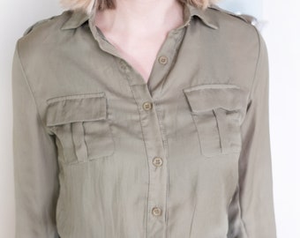 Vintage Front Pocket Shirt | Ladies Long Sleeve Blouse | 90s Collar Top Khaki | Light Summer Top