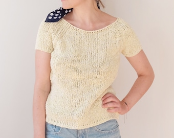Vintage Boho Style Crochet Top | Light Knit Summer Tee Yellow | Short Sleeve Casual Pullover Top